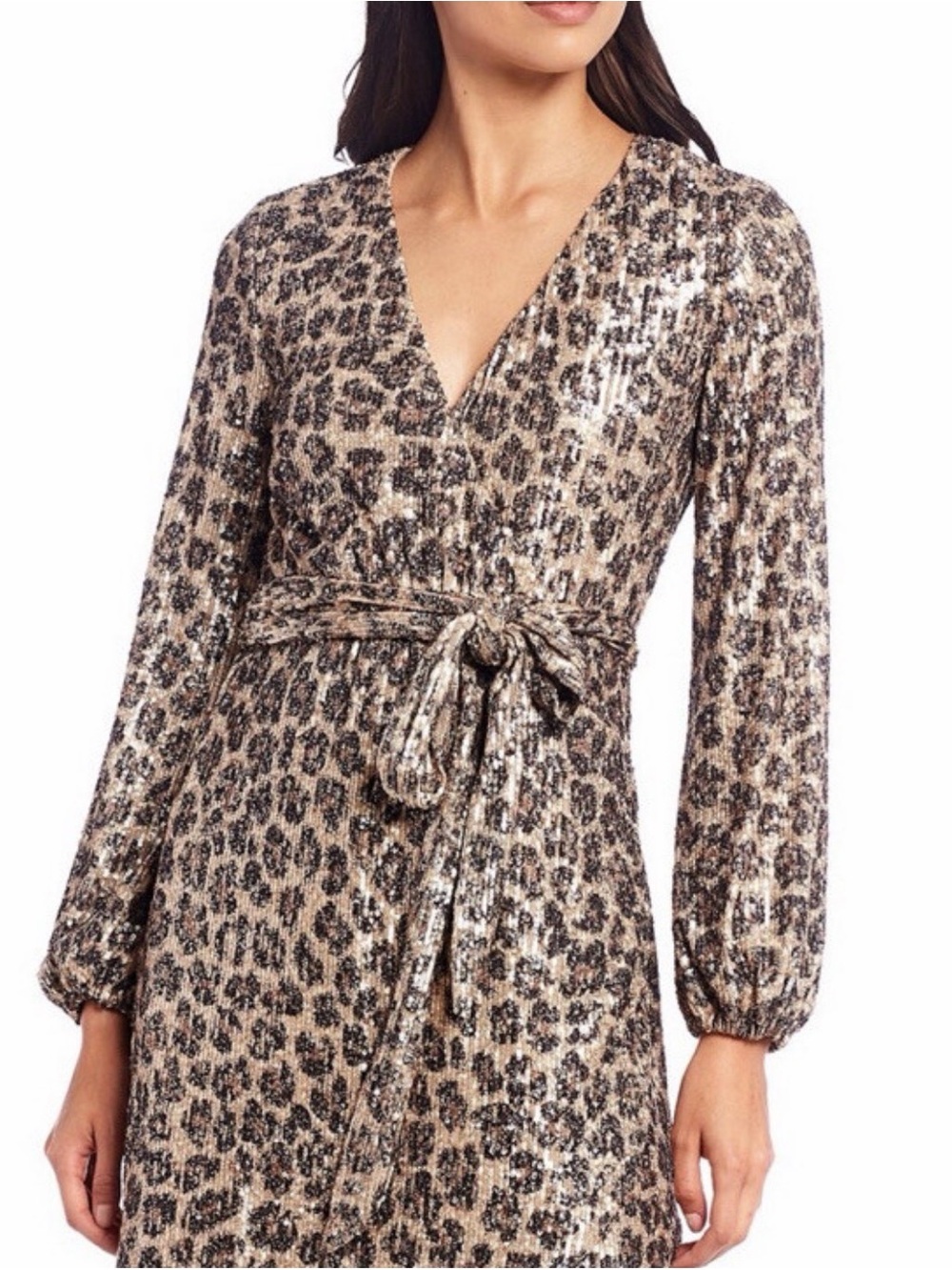 Gianni Bini leopard  Sequin Long Sleeve V-Neck Wrap Dress Small